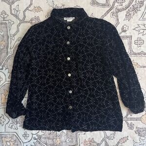 Cynthia Max Sheer Black Velvet Button Up Size XL Whimsy Goth